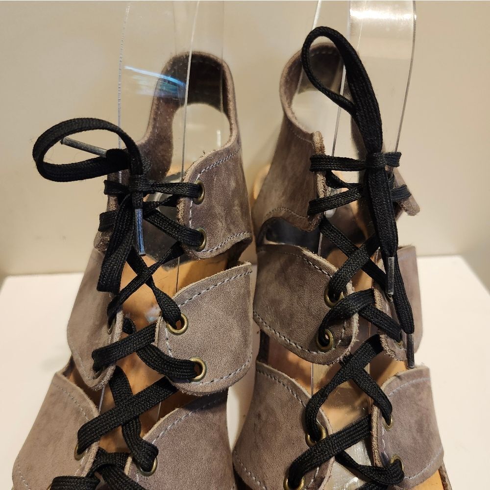 No. 6 Taupe Nubuck Leather Lace Up Corset Open Toe Wood Clogs Sz.6/36  Ret.$260 - Picture 6 of 13